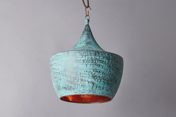 Medium Verdigris Hammered Copper Pendant Light with Rounded Shoulder