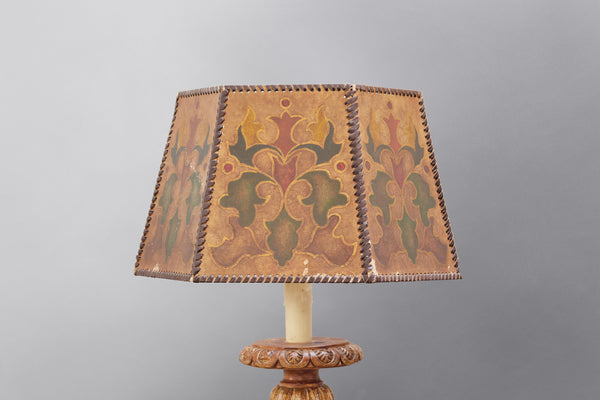 Hexagonal Polychrome Decorated Mica Lampshade from the 1920's with Leather