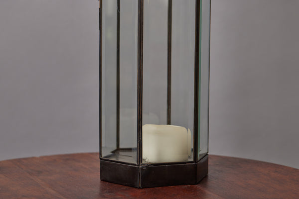 Octagonal Tall Beveled Glass Lantern with Pierced Top