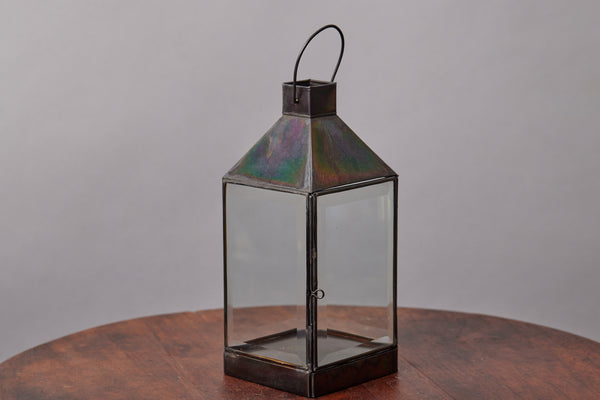 Small and Low Tin and Beveled Glass Lantern from Bali with Square Chimney