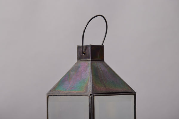 Small and Low Tin and Beveled Glass Lantern from Bali with Square Chimney