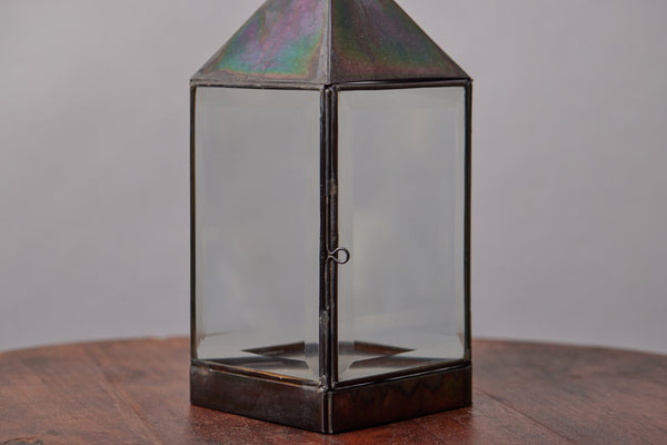 Small and Low Tin and Beveled Glass Lantern from Bali with Square Chimney