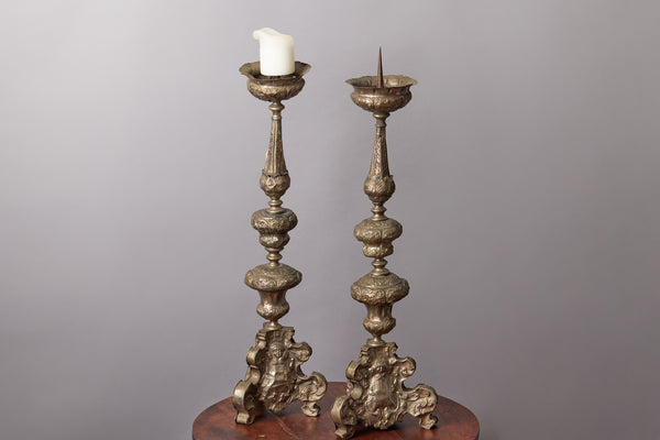 Pair Italian 17th Century Repousse Pricket Sticks
