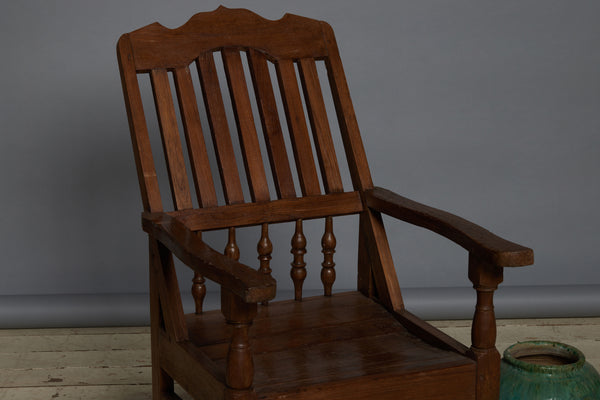 19th Century Slat Bench Dutch Colonial Teak Lounge Chair with Shaped Crest