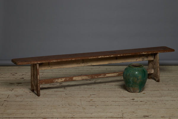 Simple Plank Top Teak Bench with Shaped Wide Board Leg and Stretcher Base