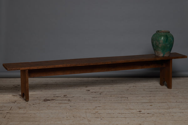 Simple Plank Top Teak Bench with Shaped Wide Board Leg and Stretcher Base