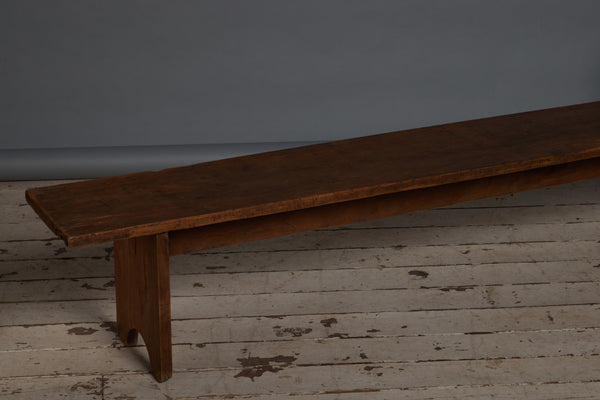 Simple Plank Top Teak Bench with Shaped Wide Board Leg and Stretcher Base