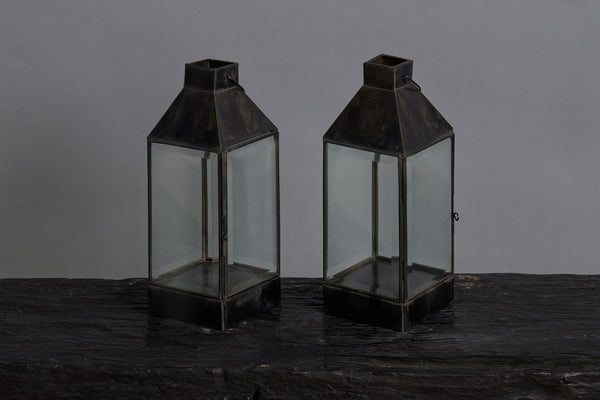 Small and Low Tin and Beveled Glass Lantern from Bali with Square Chimney