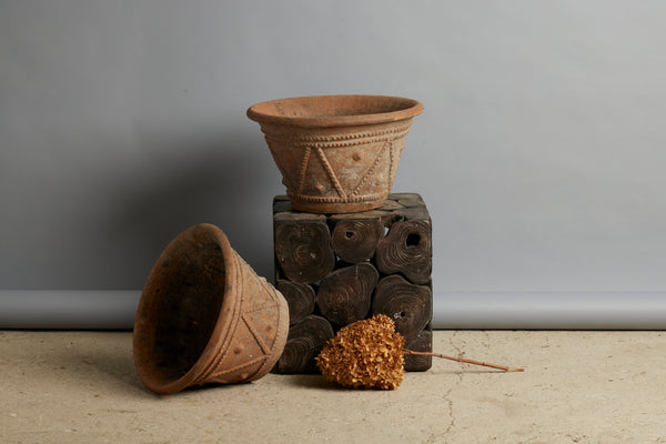 Pair of Medium Decorated Mossy Terra Cotta Pots