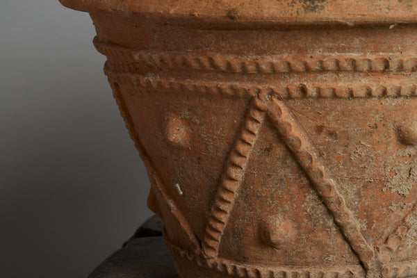 Pair of Medium Decorated Mossy Terra Cotta Pots