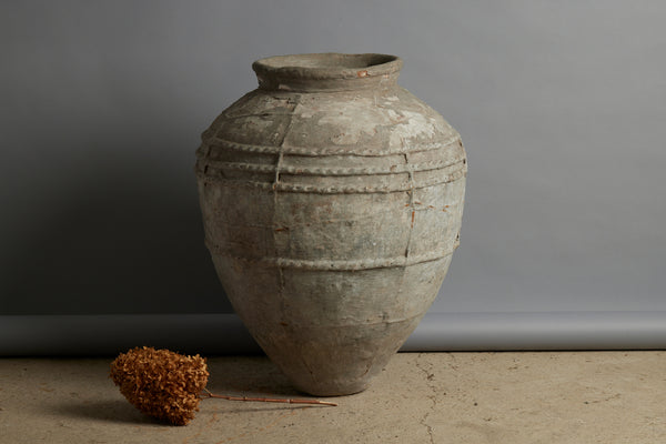 Terra Cotta Jar with Four Decorated Bands and Vertical Ribbing from Borneo