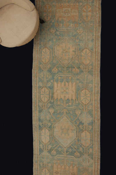 Pale Anatolian Runner with Repeating Medallions in Soft French Blue & Peach ................ (2' 8'' x 14' 7'')