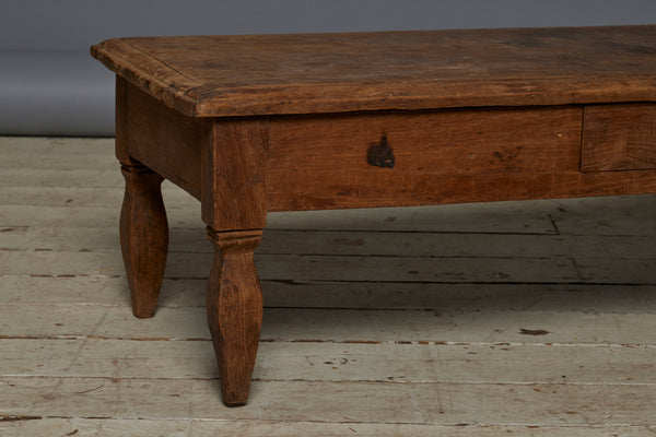 Long Low Teak Javanese One Drawer Coffee Table with Single Board Top & Square Tapered Legs