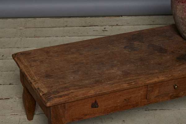 Long Low Teak Javanese One Drawer Coffee Table with Single Board Top & Square Tapered Legs
