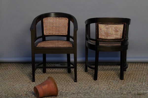 Pair of Barrel Backed Arts & Craft Ebonized Teak Armchairs from Java