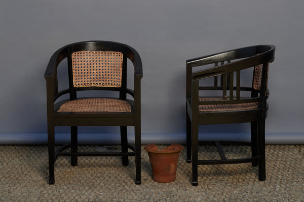 Pair of Barrel Backed Arts & Craft Ebonized Teak Armchairs from Java