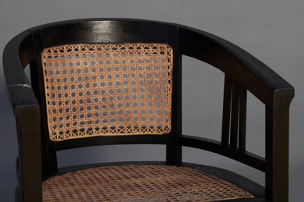 Pair of Barrel Backed Arts & Craft Ebonized Teak Armchairs from Java