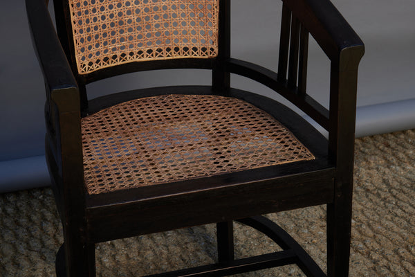 Pair of Barrel Backed Arts & Craft Ebonized Teak Armchairs from Java