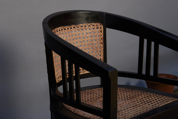 Pair of Barrel Backed Arts & Craft Ebonized Teak Armchairs from Java