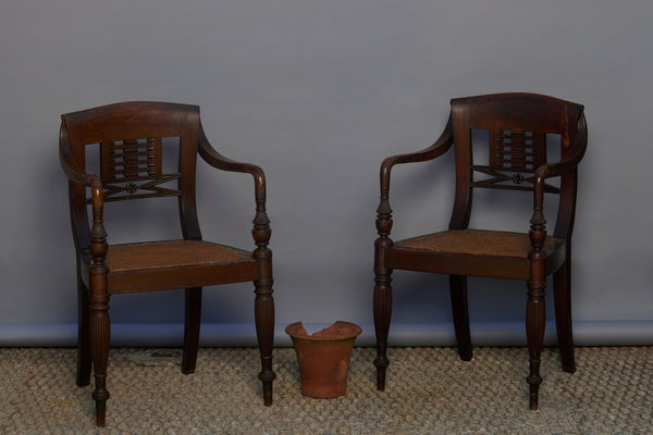 Pair of Rare 19th C. Teak & Rattan Ladder-back Raffles Chairs