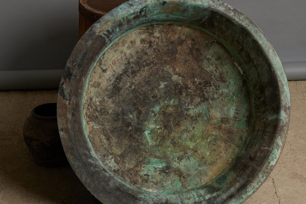 Large French Copper Basin with Verdigris