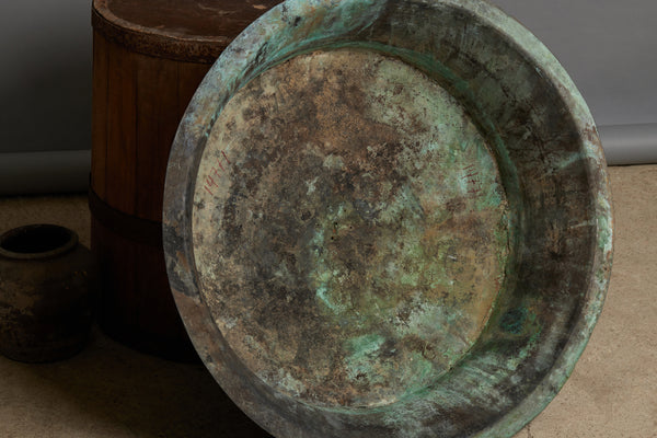 Large French Copper Basin with Verdigris