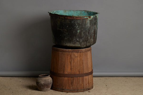 Large French Copper Basin with Rusticated Iron Band and a Beautiful Patina