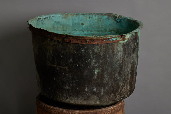 Large French Copper Basin with Rusticated Iron Band and a Beautiful Patina