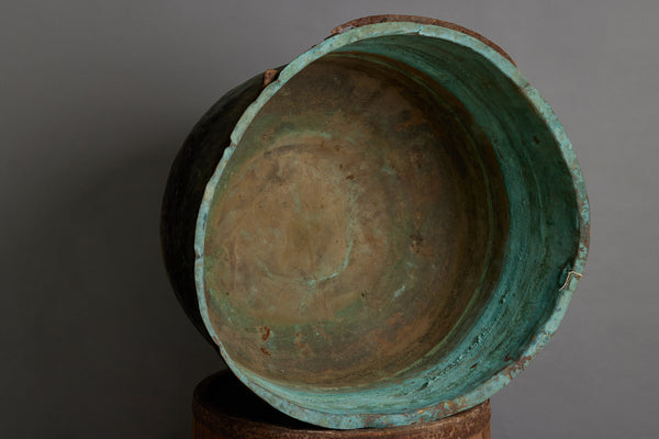 Large French Copper Basin with Rusticated Iron Band and a Beautiful Patina