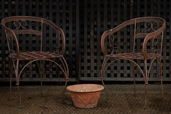 Pair of Iron Garden Armchairs with Wrought Braid & Scroll Detail and Woven Seats