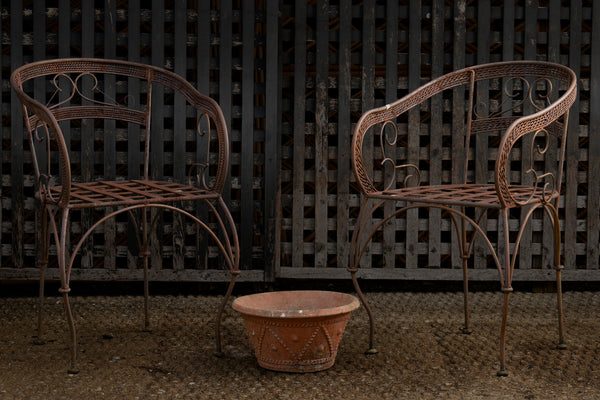 Pair of Iron Garden Armchairs with Wrought Braid & Scroll Detail and Woven Seats