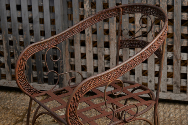 Pair of Iron Garden Armchairs with Wrought Braid & Scroll Detail and Woven Seats
