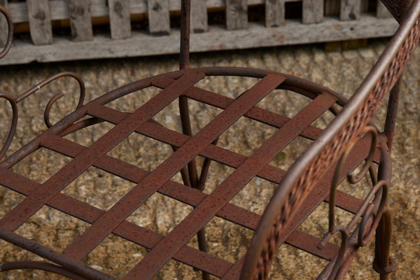Pair of Iron Garden Armchairs with Wrought Braid & Scroll Detail and Woven Seats