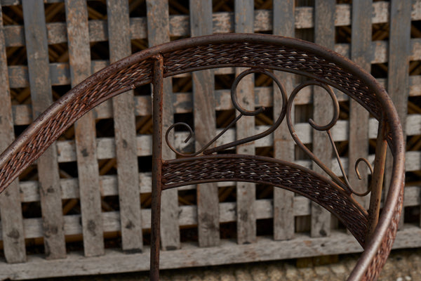 Pair of Iron Garden Armchairs with Wrought Braid & Scroll Detail and Woven Seats