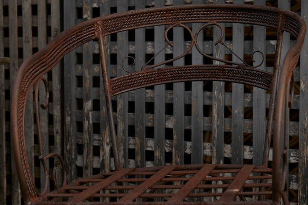 Pair of Iron Garden Armchairs with Wrought Braid & Scroll Detail and Woven Seats
