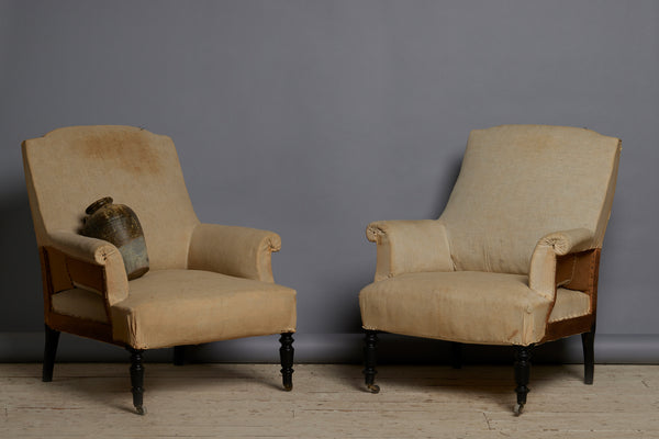 Pair of Late 19th Century French Upholstered Armchairs with Crested Backs
