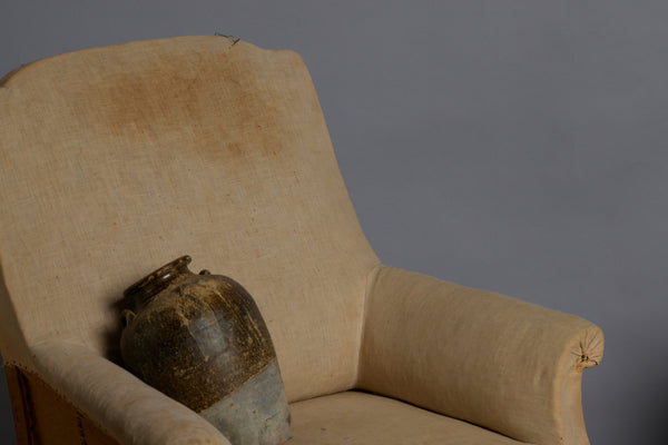 Pair of Late 19th Century French Upholstered Armchairs with Crested Backs