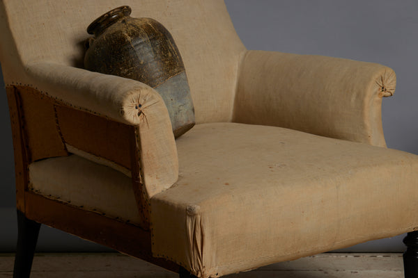 Pair of Late 19th Century French Upholstered Armchairs with Crested Backs