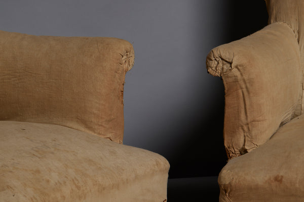 Pair of Edwardian Upholstered Armchairs with Slightly Flared Arms & Rounded Shoulders