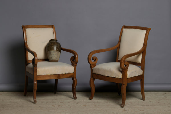 Pair of Napoleon III Beechwood Armchairs with Scrolled Arms