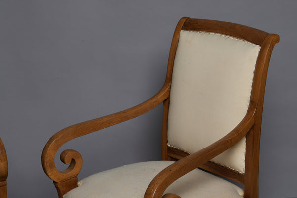 Pair of Napoleon III Beechwood Armchairs with Scrolled Arms