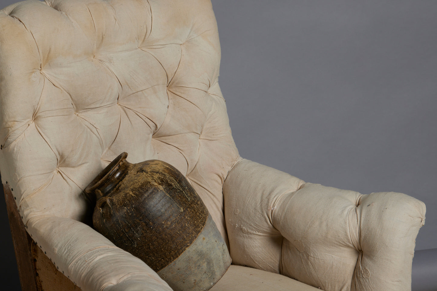 French Tuffed Square Back Upholstered Armchair with Ebonized Saber Legs