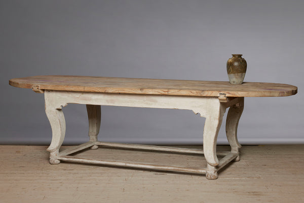 Large Italian Oval Top White Painted Table on Bun Feet with Stretcher Base from Genoa