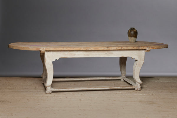 Large Italian Oval Top White Painted Table on Bun Feet with Stretcher Base from Genoa