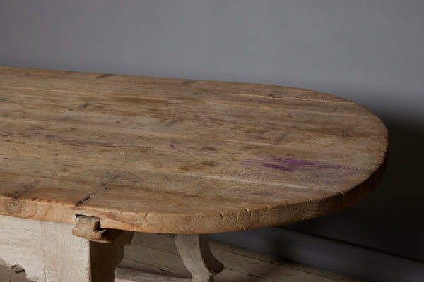 Large Italian Oval Top White Painted Table on Bun Feet with Stretcher Base from Genoa