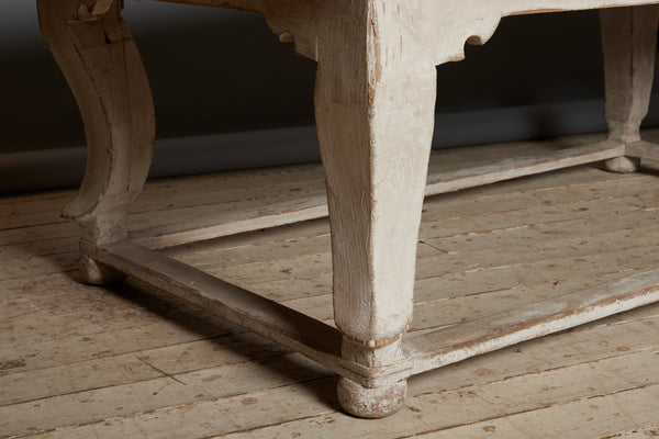 Large Italian Oval Top White Painted Table on Bun Feet with Stretcher Base from Genoa