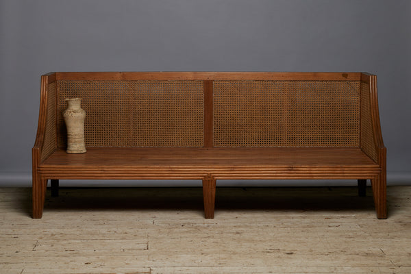 Pair of Nineteen Thirties Teak & Rattan Sofa Bench with Reeded Back & Legs