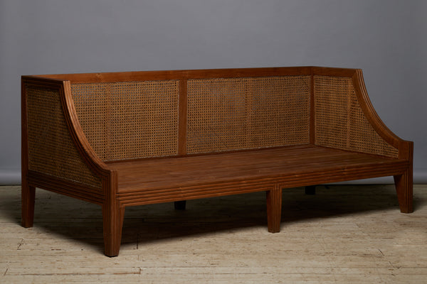 Pair of Nineteen Thirties Teak & Rattan Sofa Bench with Reeded Back & Legs