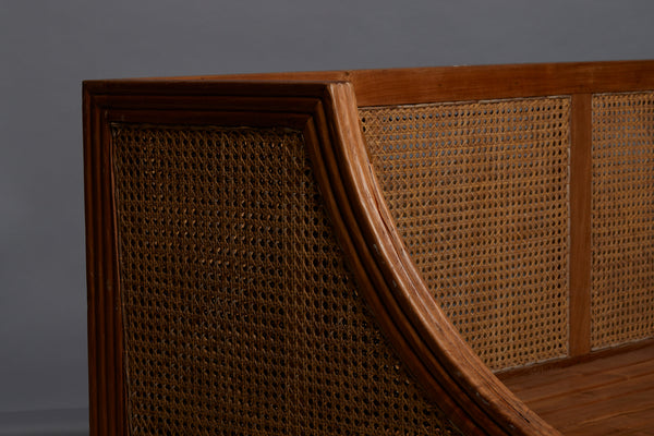 Pair of Nineteen Thirties Teak & Rattan Sofa Bench with Reeded Back & Legs