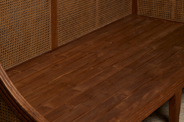 Pair of Nineteen Thirties Teak & Rattan Sofa Bench with Reeded Back & Legs